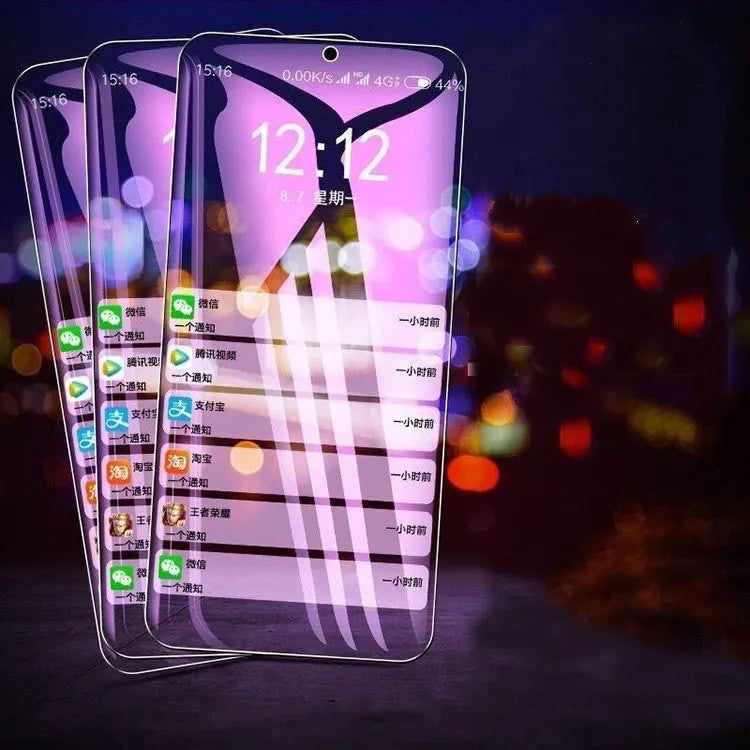 Vivo smartphone tempered glass screen protector in violet light colour showing full-screen coverage