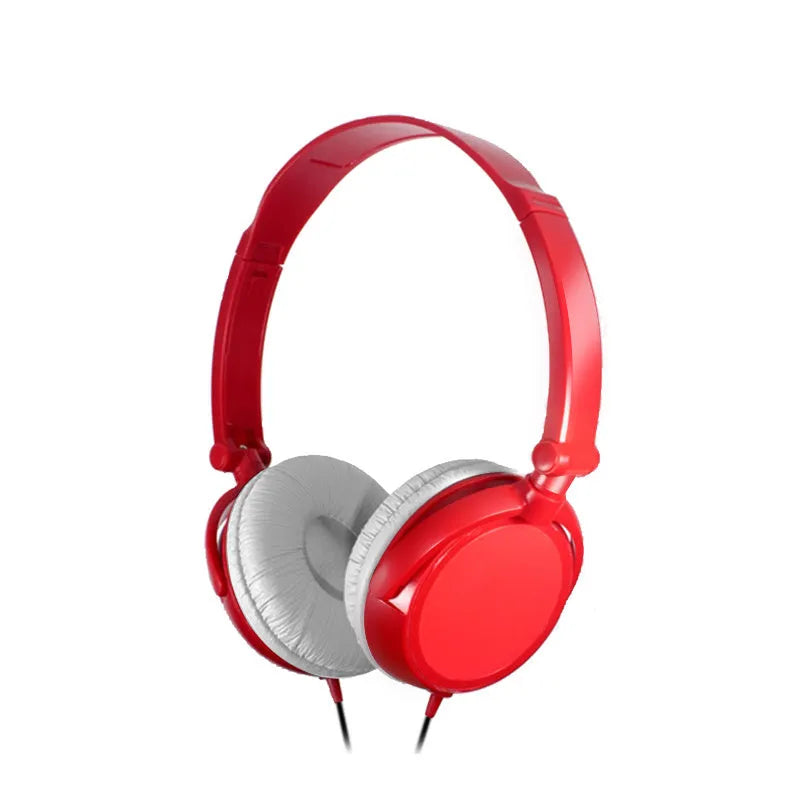 Black folding wired over-ear headphones with adjustable headband and 3.5mm plug on a coiled cable.