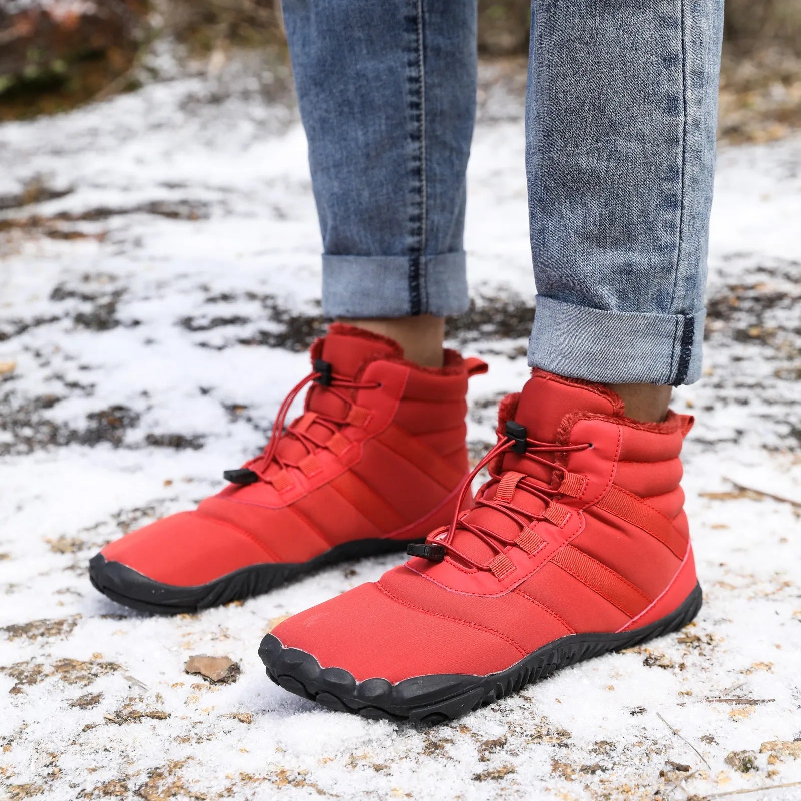 Beige and grey five-finger waterproof fleece-lined snow boots with rubber hiking outsoles.