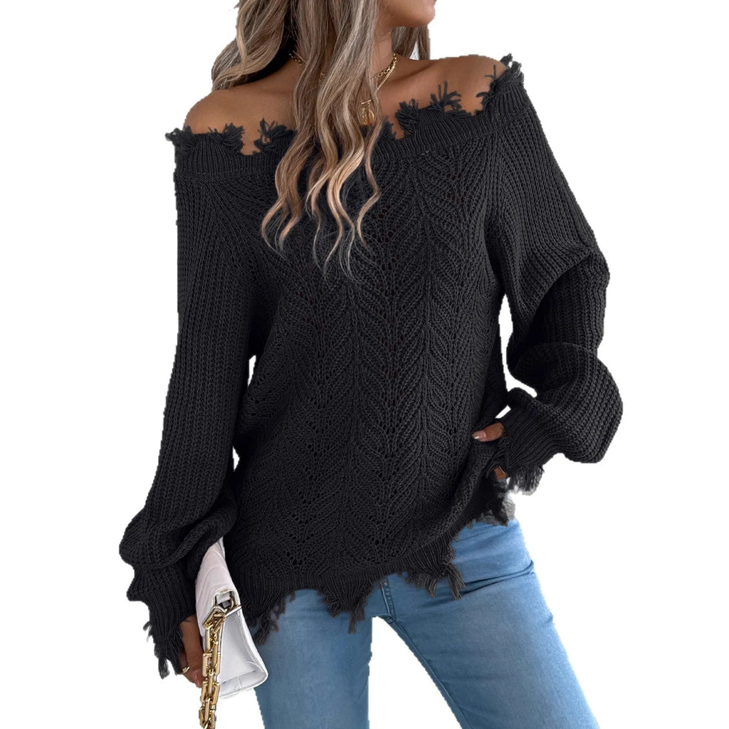 White hollow-out cut off-the-shoulder acrylic wool pullover sweater on a hanger.