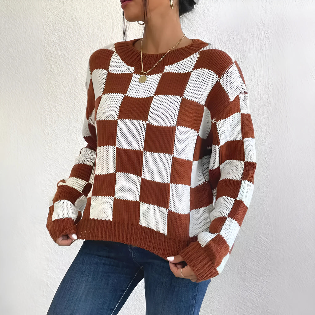 Dark brown acrylic pullover sweater with chessboard plaid pattern and loose fit