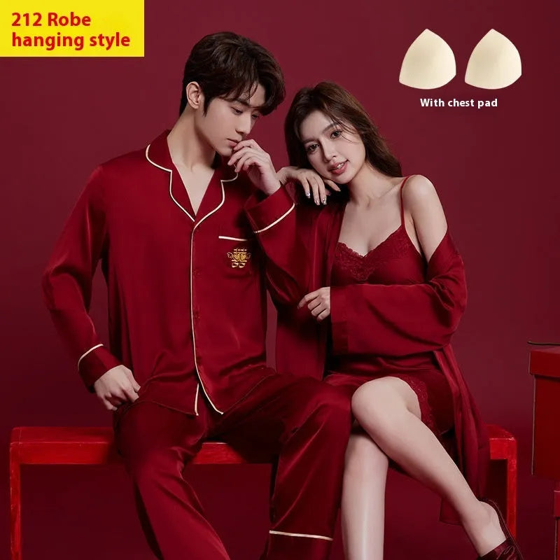 Red silk matching men's and women's pyjama set with long sleeves and trousers