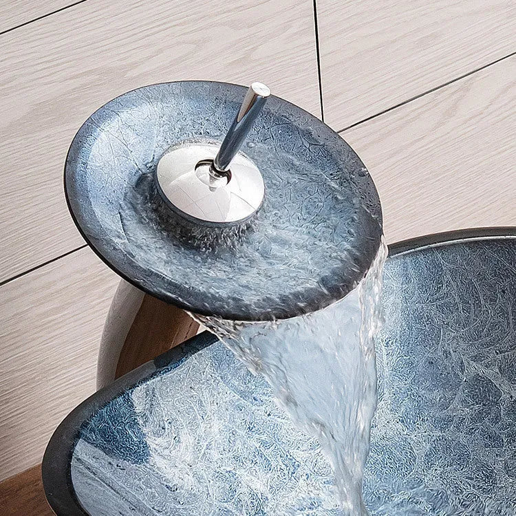 Blue grey tempered glass bathroom table basin with simple art design on white countertop