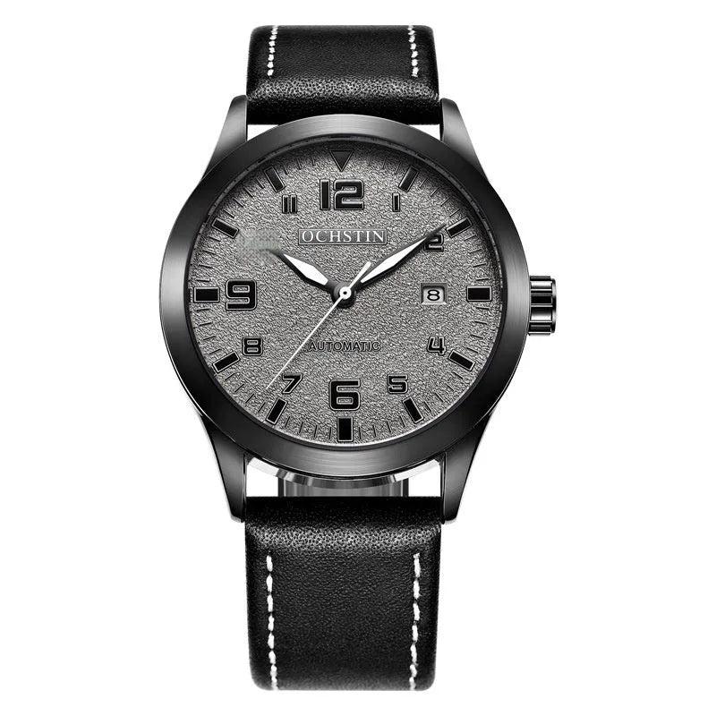 Men's retro automatic watch with leather strap on wrist