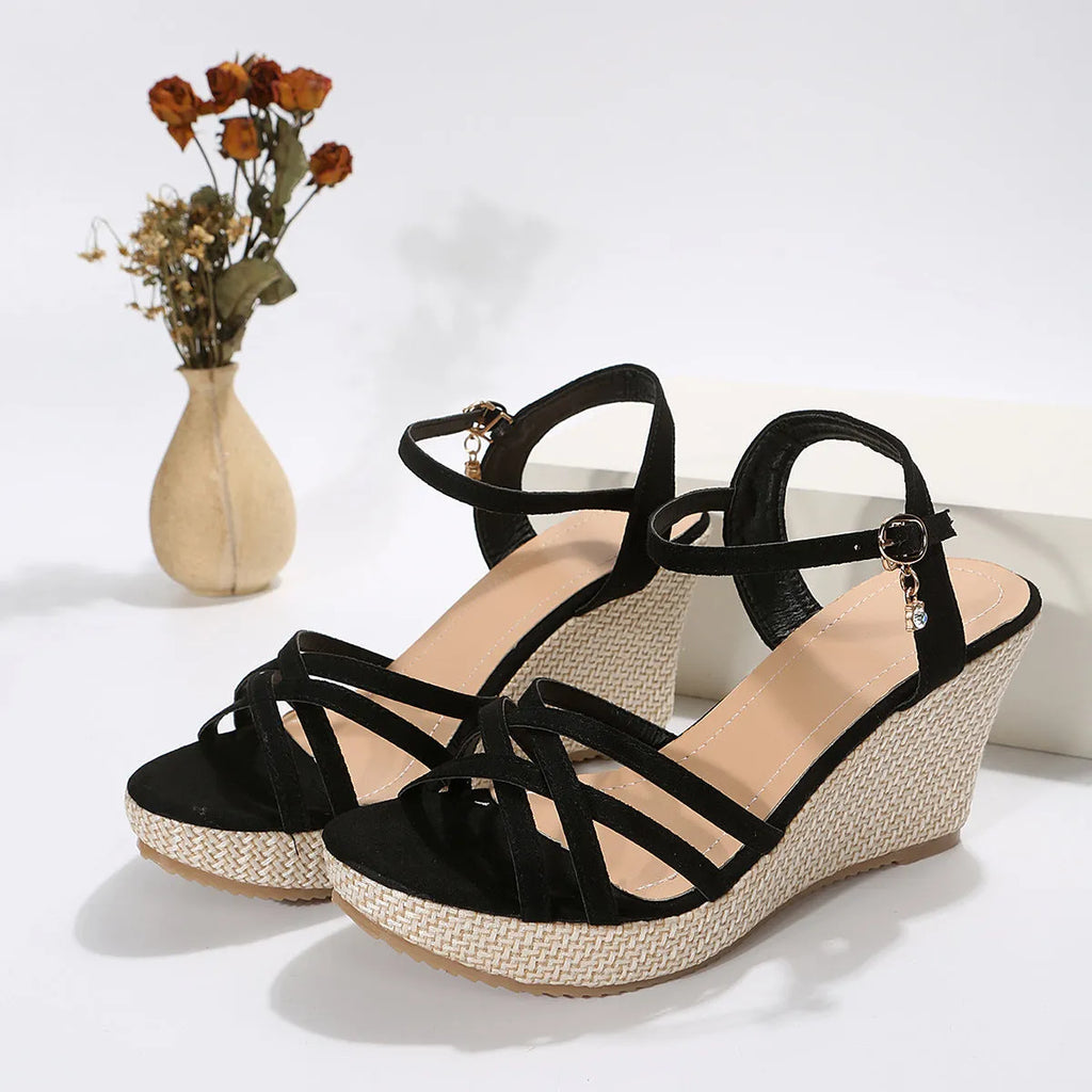 Women's beige wedge sandals with fish mouth open toe design and cloth upper material