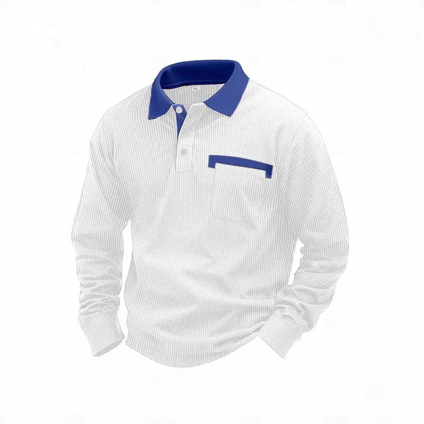 A man wearing a long-sleeved waffle knit polo shirt in a solid colour with a loose, retro fit.