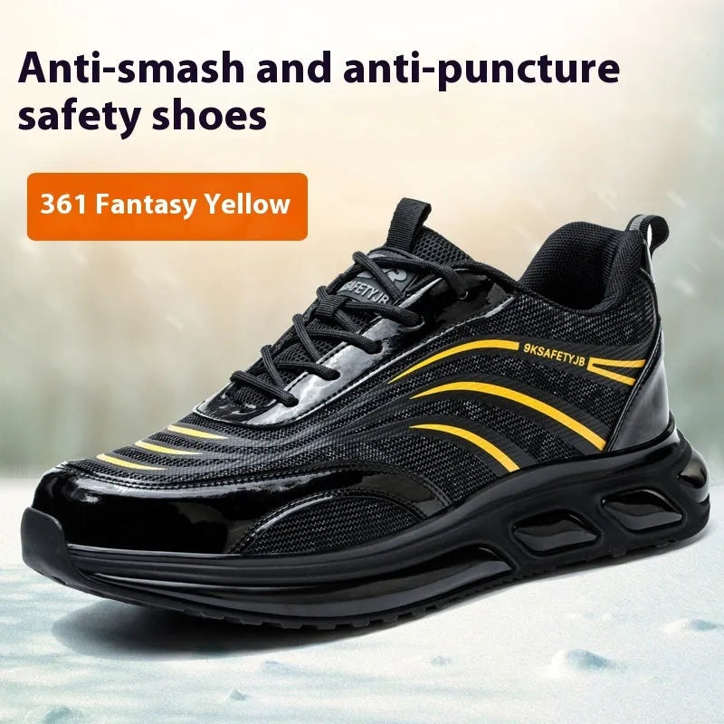 Orange labour protection shoes with leather upper and rubber sole for construction work