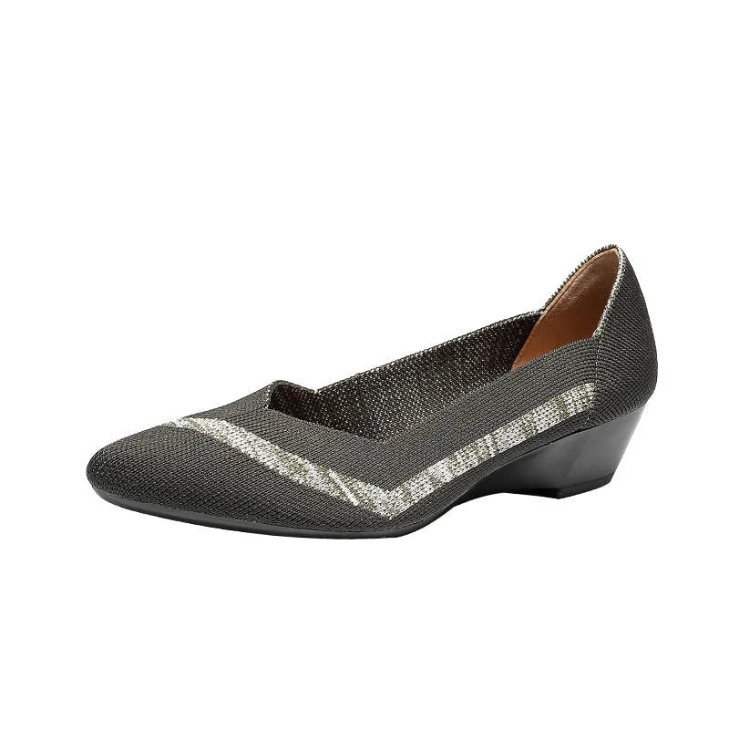 Women's beige Flyknit casual wedge shoes with a mid heel and shallow mouth on a white background.