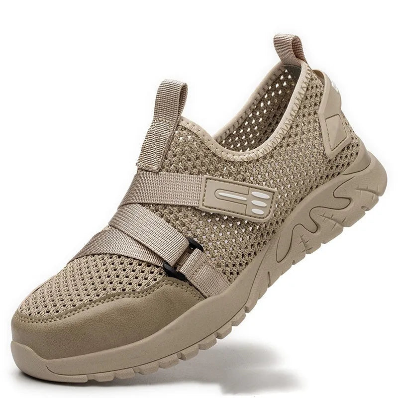 Men's grey anti-smash and anti-puncture insulation safety work shoe with a woven upper and rubber sole.