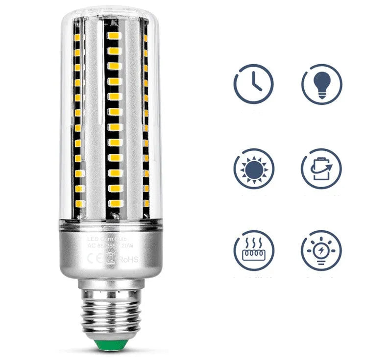 Silver aluminium LED corn lamp with multiple LED chips, showing E27 screw base.