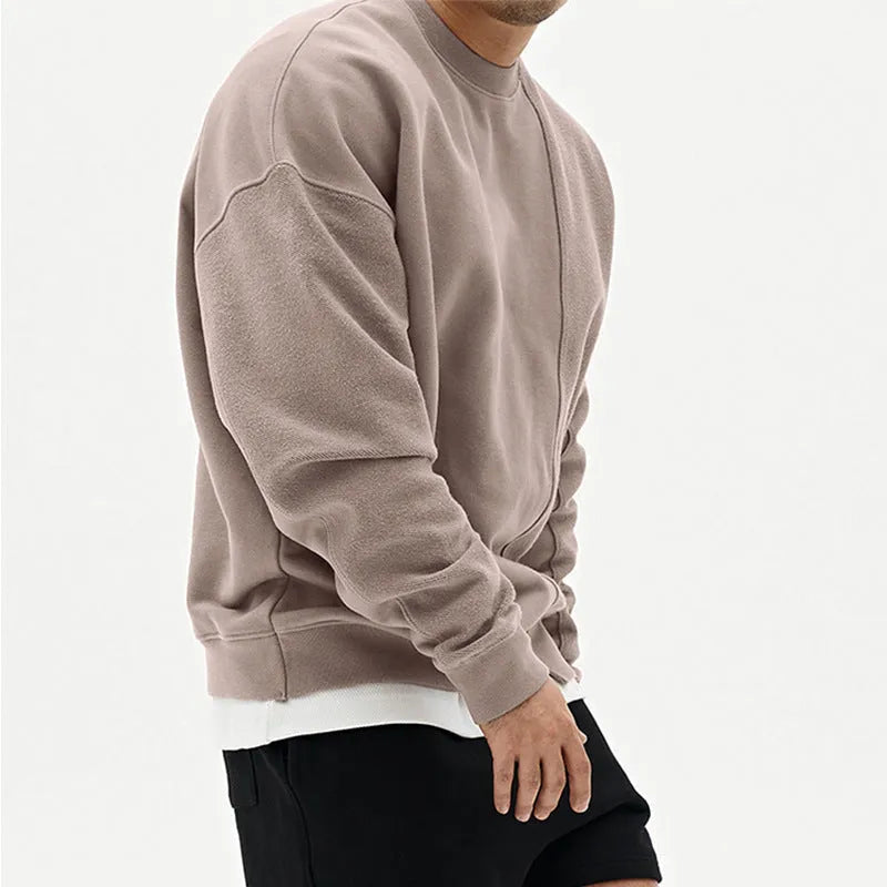 Men's loose fit pullover round neck sweater in khaki cotton blend long sleeve plain pattern