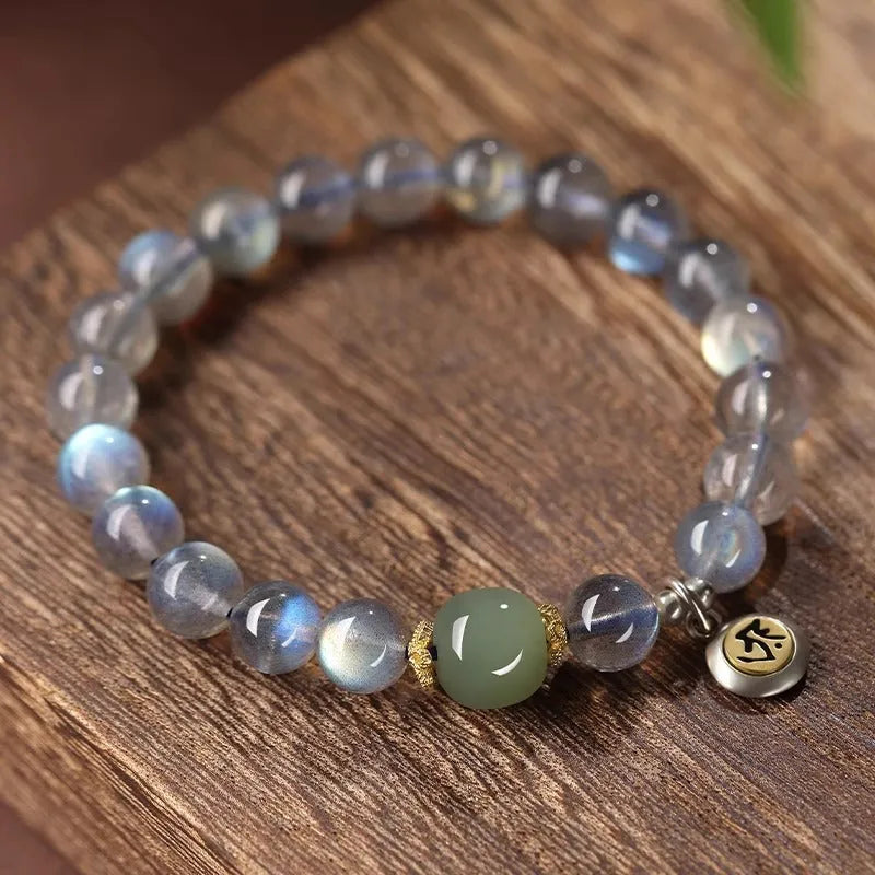 Moonstone Buddhist prayer beads bracelet with electroplated finish and Kwan-yin mouse design
