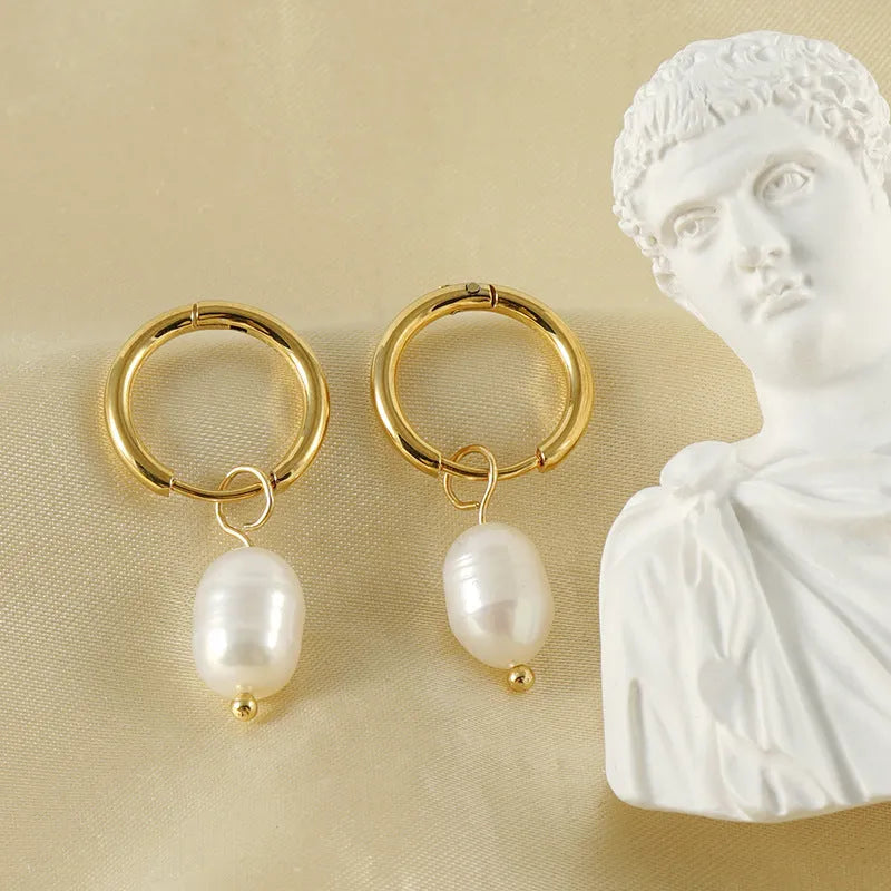 Gold geometric earrings with freshwater pearls on titanium steel posts for women