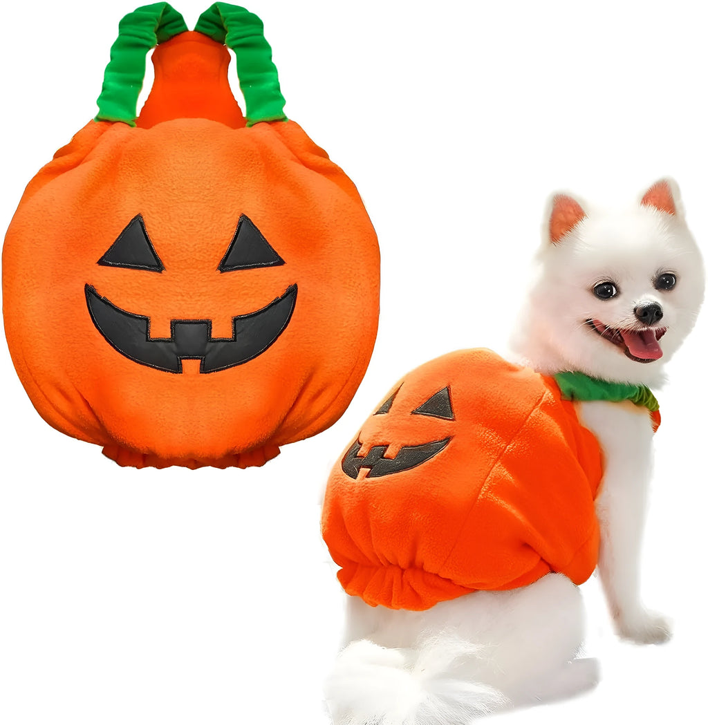 Orange plush pumpkin Halloween costume for a small dog, showing pullover design and soft texture.