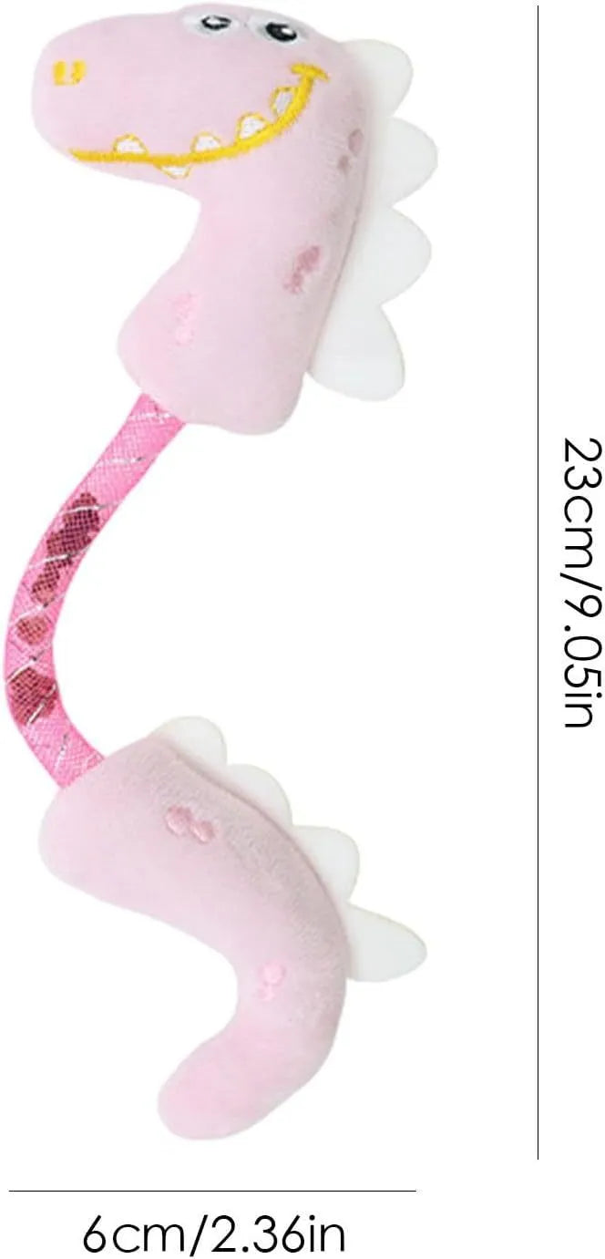 Four cat toys: chew toy, catnip rope, springs, and kicker toy in pink, purple, or yellow colours, each 23cm by 6cm.