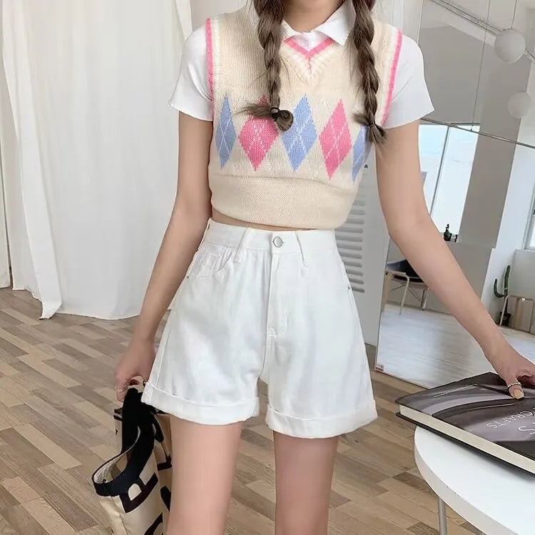 Women's high waist loose cotton denim shorts in khaki, summer casual style