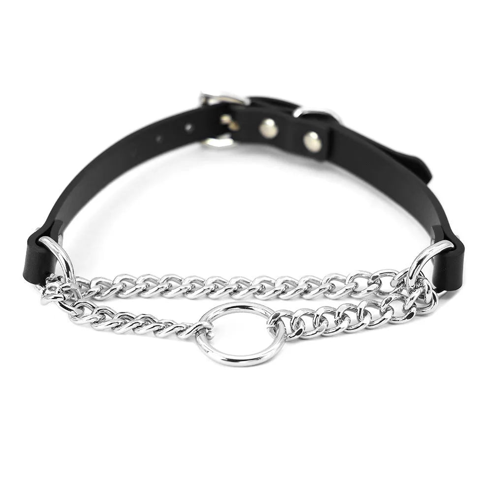 Black leather dog collar and matching hand grip lead set for punk style pet accessories