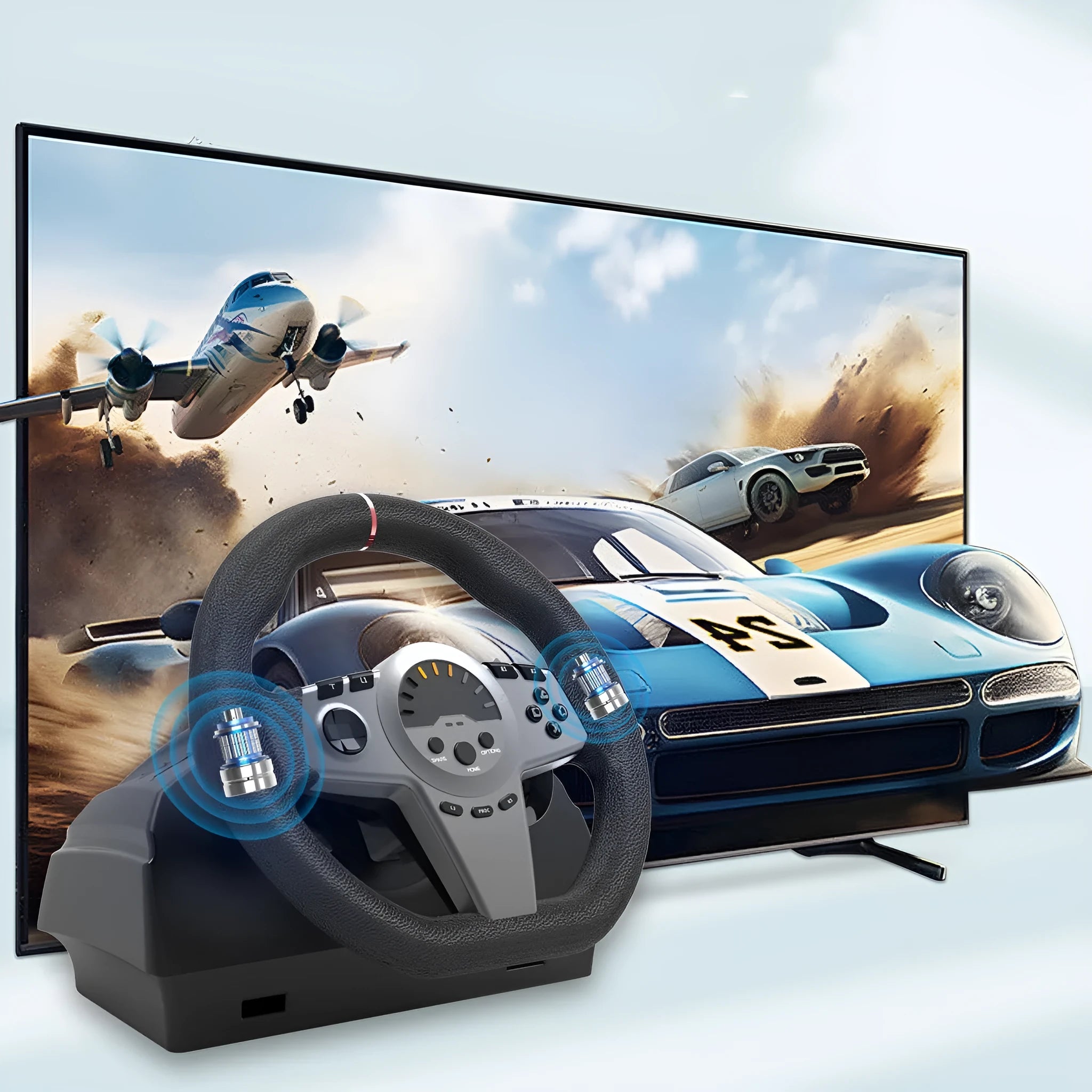 Black multi-platform steering wheel game controller with two pedals and manual mounting bracket