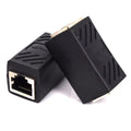 Black RJ45 network cable extender adapter with female-to-female connectors