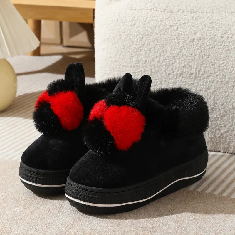 Women's winter high heel cotton slippers in black with thick sole and plush upper