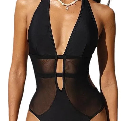 Black women's one-piece swimsuit with V-neck and mesh hanging neck detail