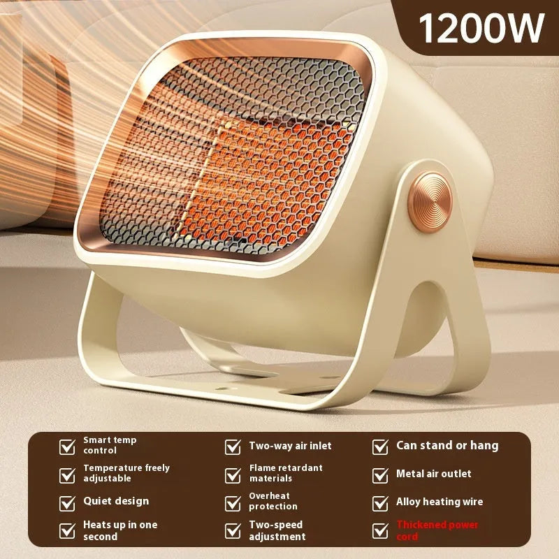 White compact desktop electric heater with rotatable base and push-button controls on front.