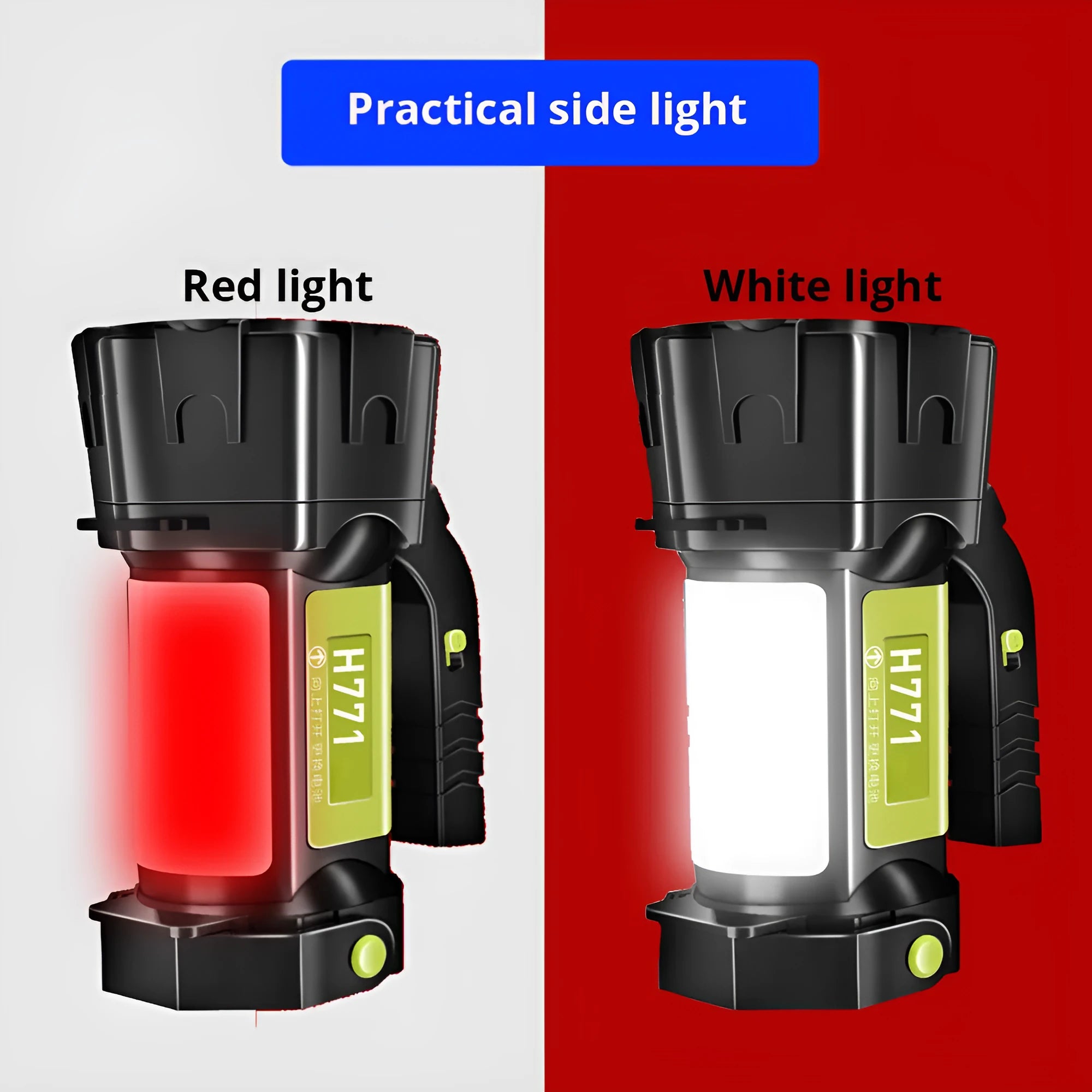 Orange portable LED work lamp with adjustable brightness, side lights, and removable battery on shoulder strap.