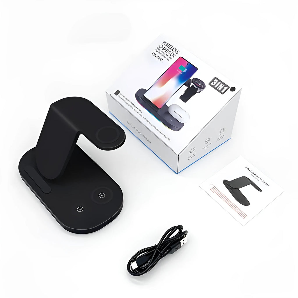 Three-in-one wireless charging station in black, charging a mobile phone, a smartwatch, and wireless headphones.