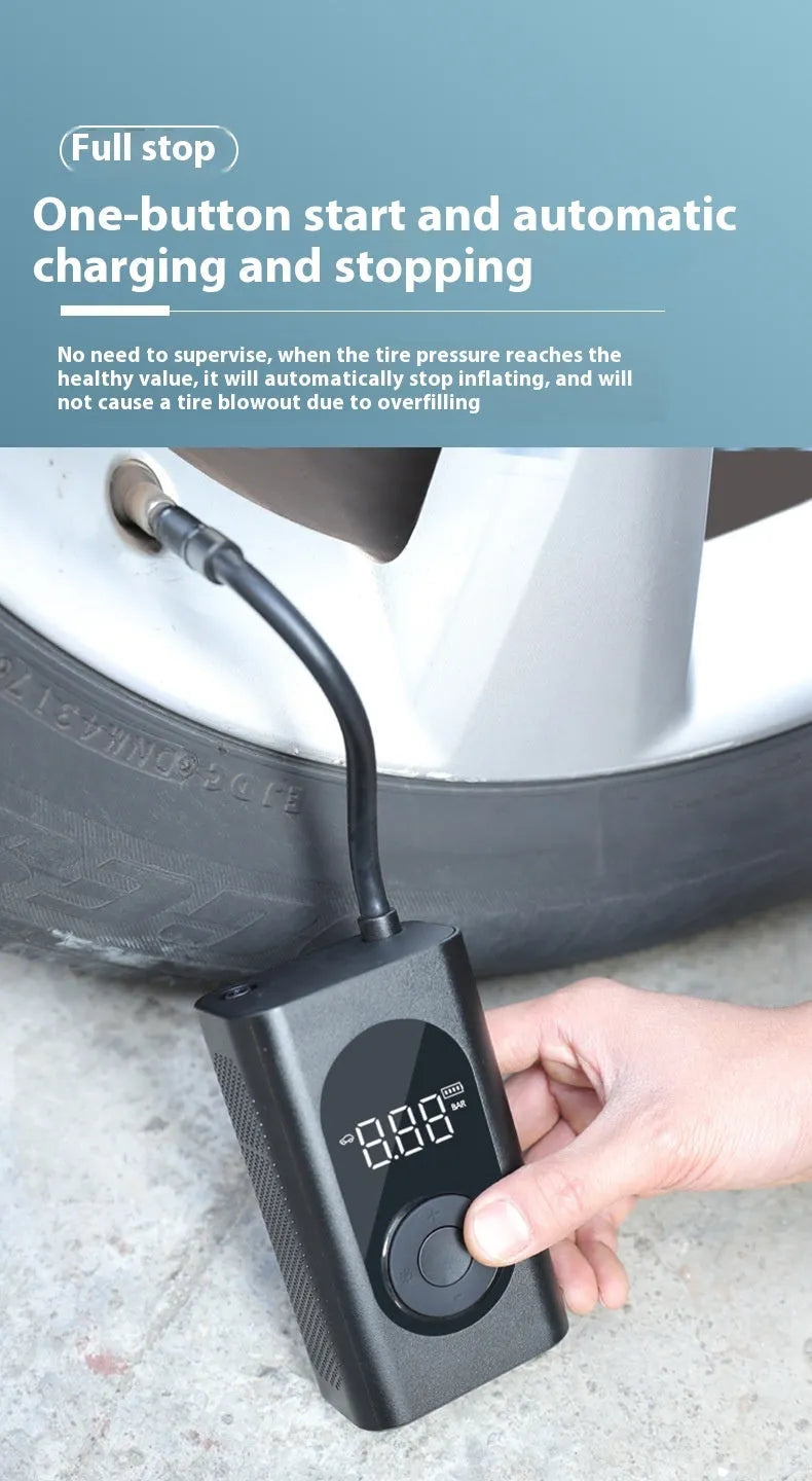 Portable wireless tyre pump with power bank and flashlight functions for multiple vehicle types