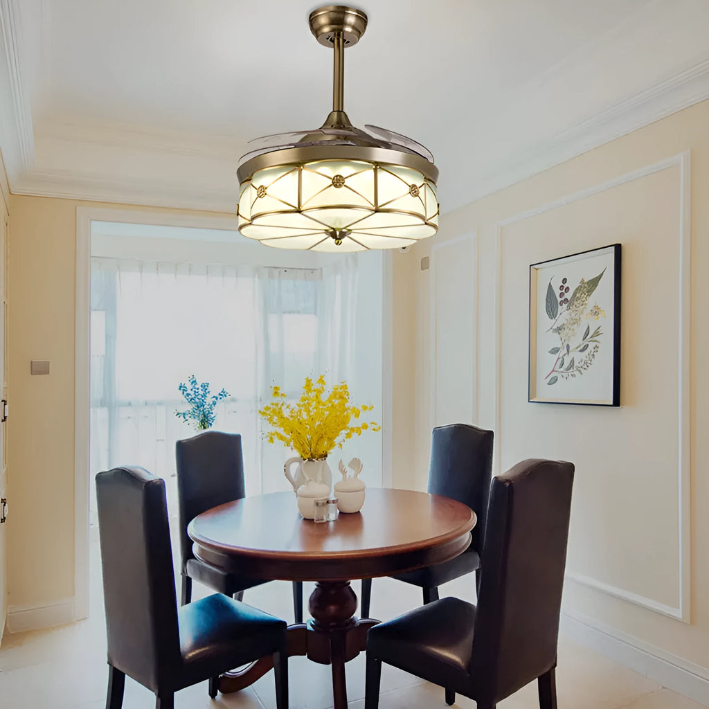 Gold 42-inch ceiling fan light with invisible blades and integrated LED lights