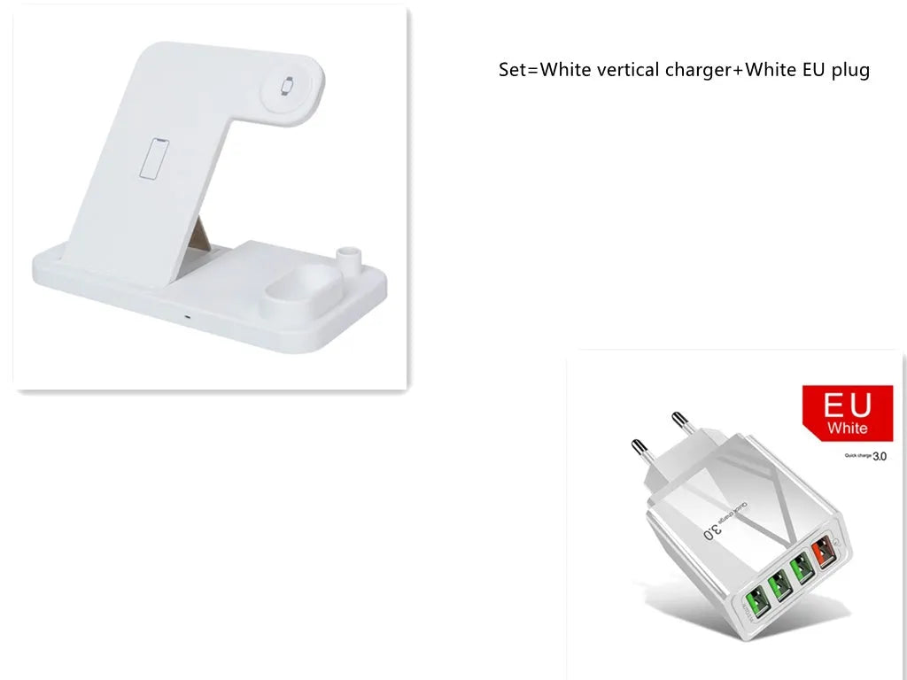 4-in-1 adjustable wireless charging station showing phone, watch, earbuds and pencil charging on a desk.