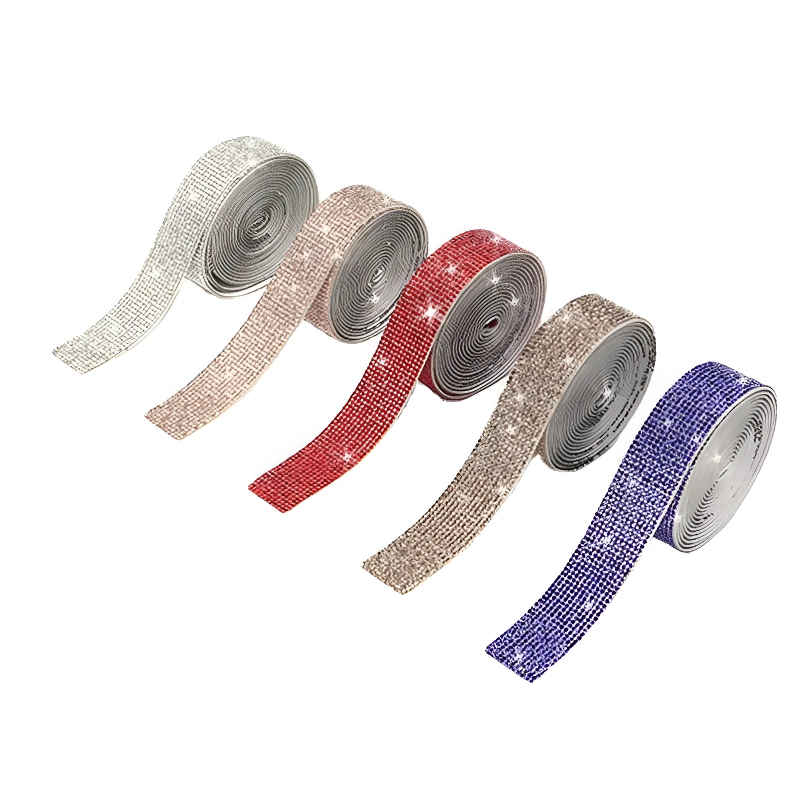 Self-adhesive strip with rows of sparkling electroplated glass rhinestones in white and iridescent colours