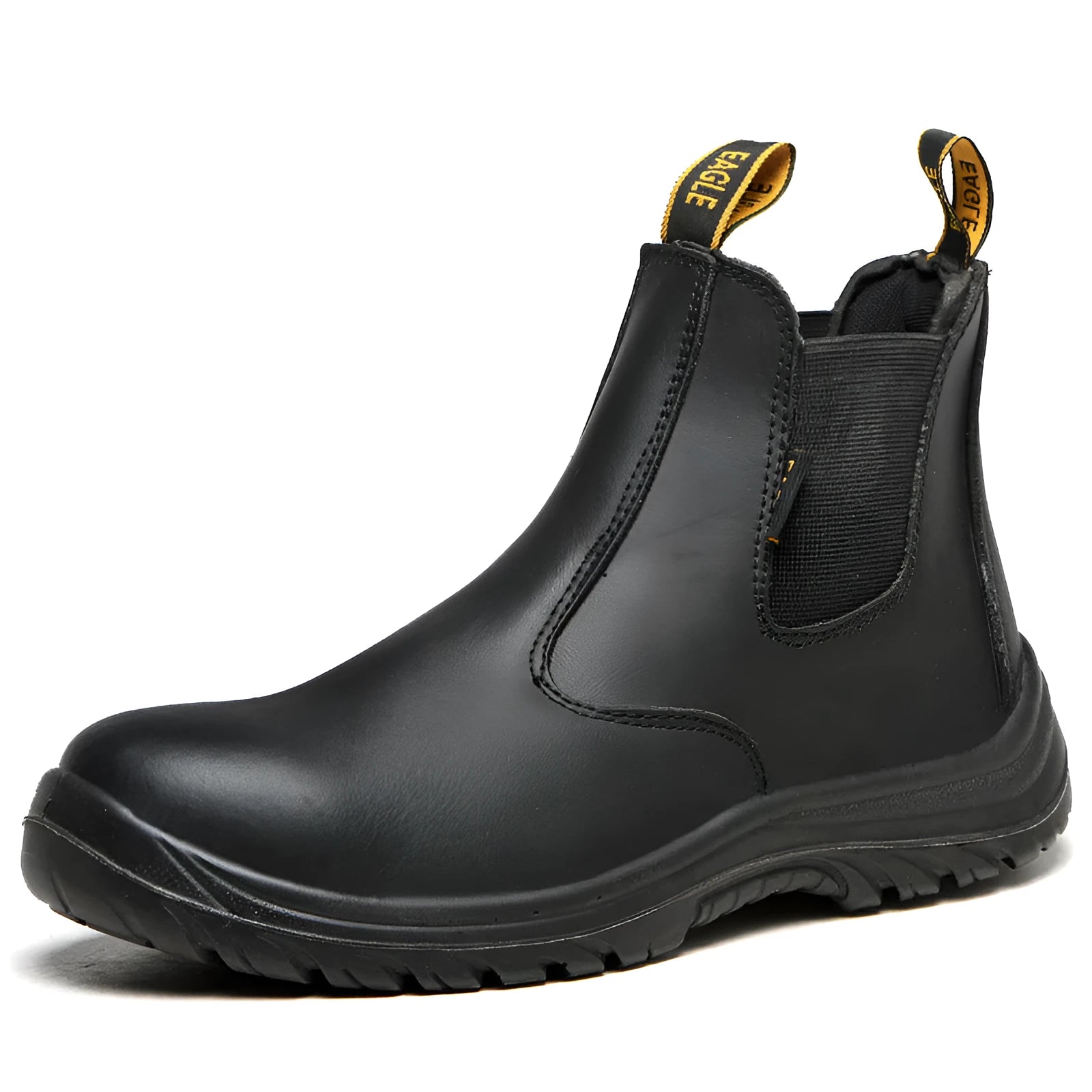 Black leather high-top safety work boots with anti-piercing sole on a neutral background