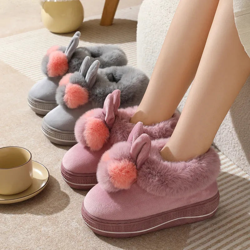 Women's winter high heel cotton slippers in black with thick sole and plush upper