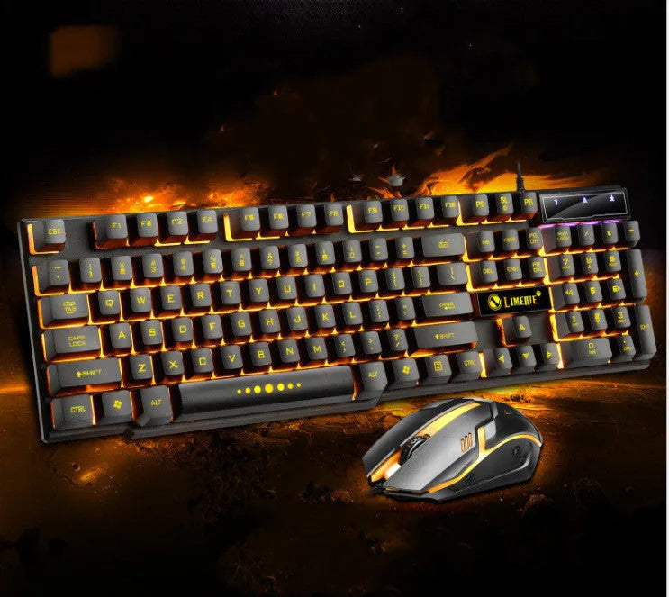 Limei Gtx300 black and white mechanical gaming keyboard and mouse set with backlight on a desktop.