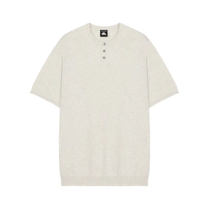 Men's black slim-fit short-sleeved ice silk knitted pullover shirt on a hanger.