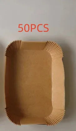 Round white disposable parchment paper liner for air fryer basket with raised edges.