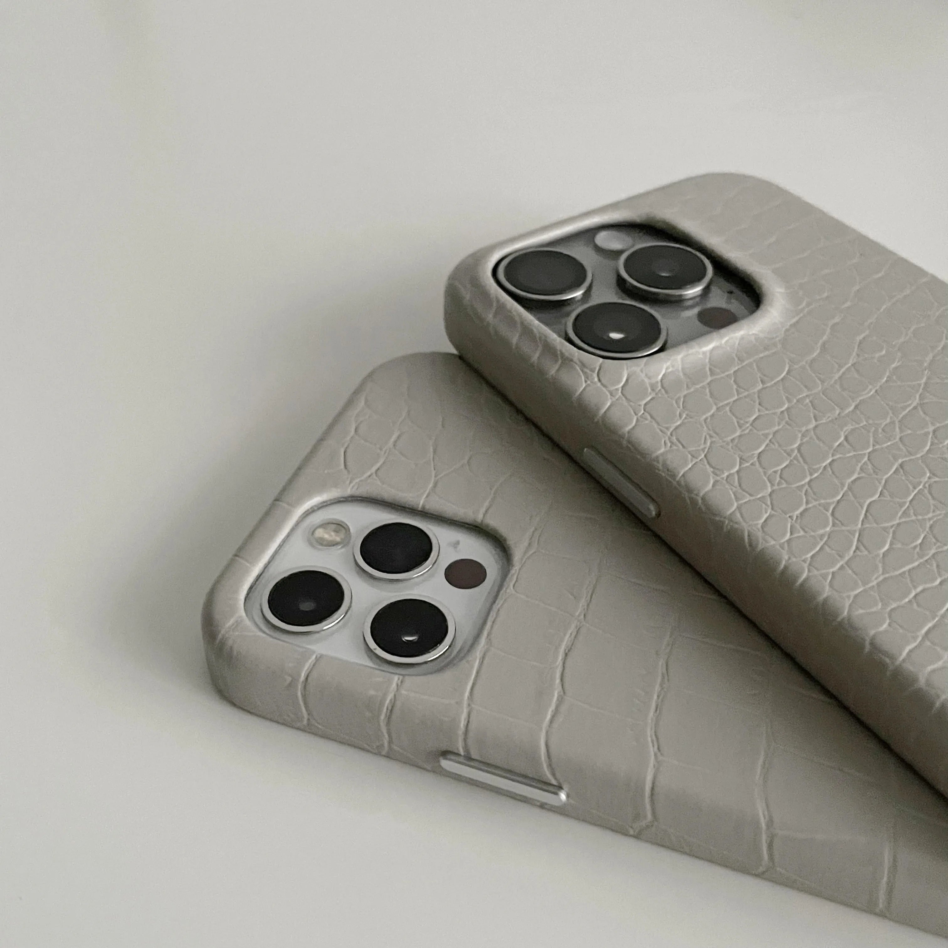 Cream grey patterned faux leather phone case with anti drop protection for iPhone