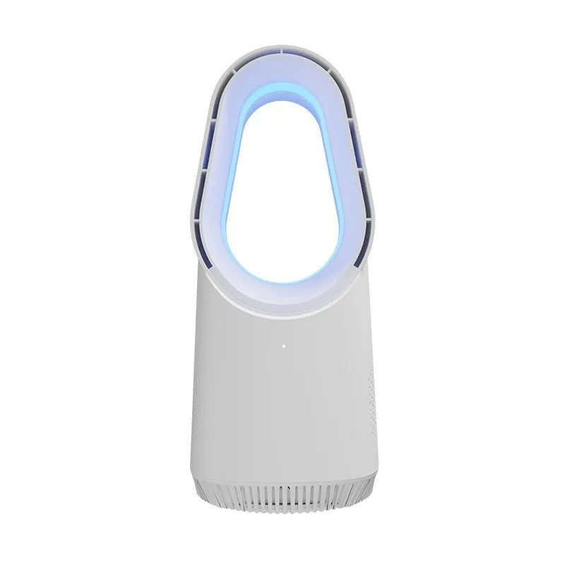 SK white bladeless tower fan with touch screen controls and remote for floor or desk placement
