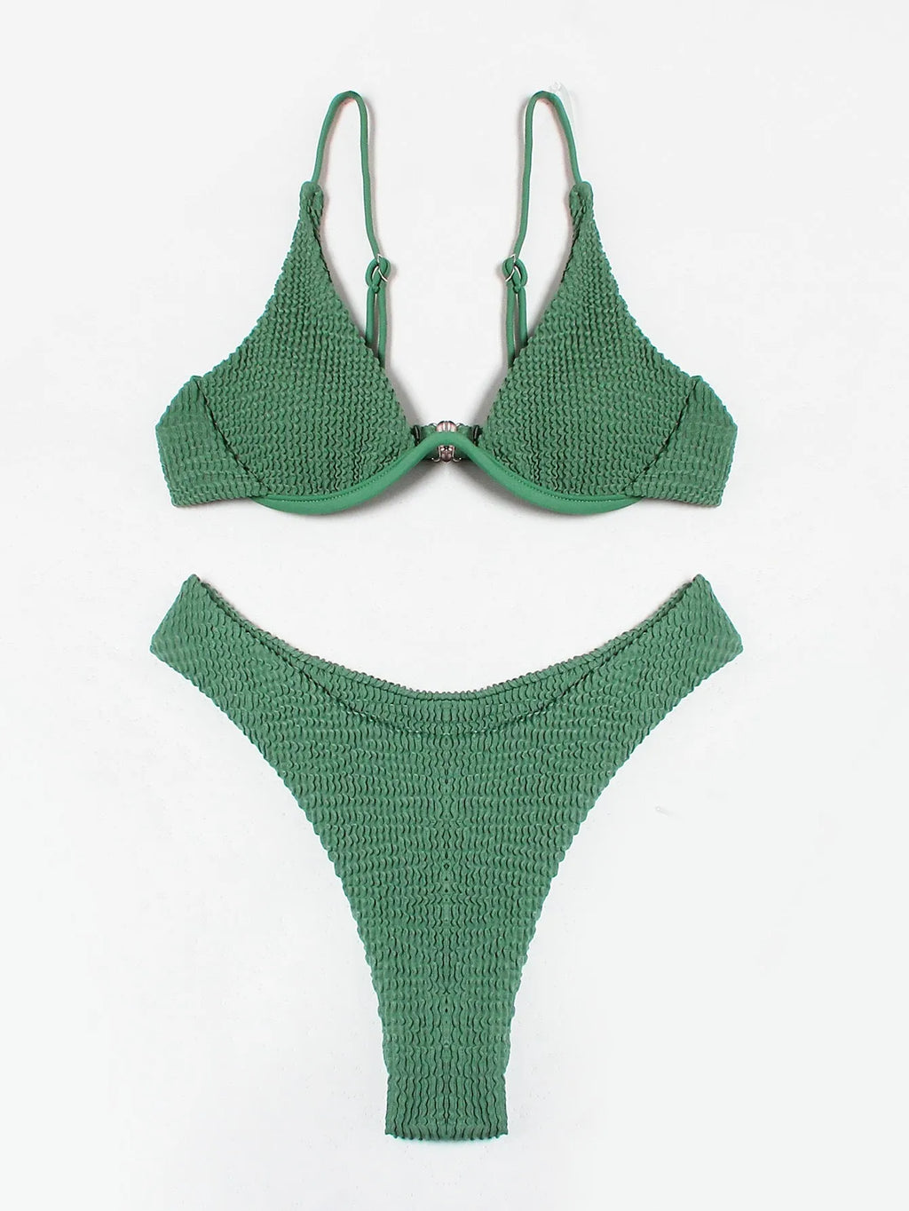 Green women's bikini swimsuit with ruffle detail and split-style briefs