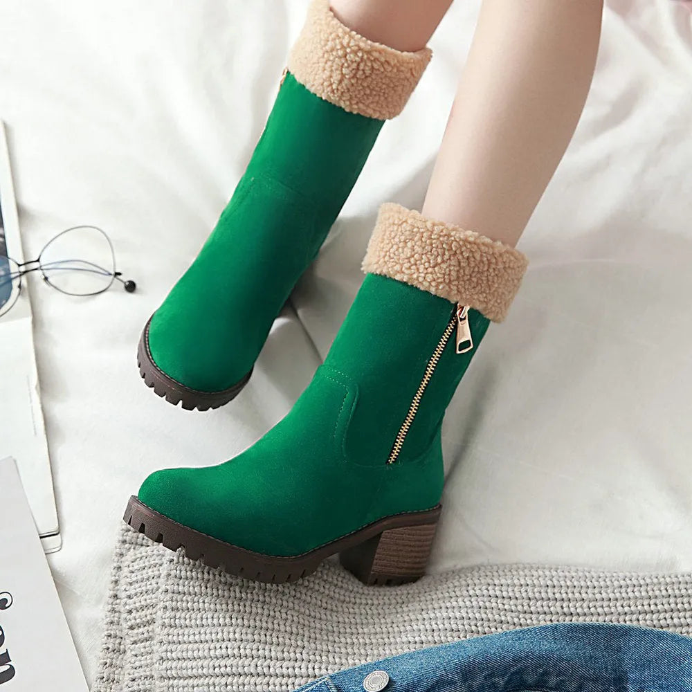 Snow boots with a rubber sole and plush lining, shown in black, grey, green, and orange.