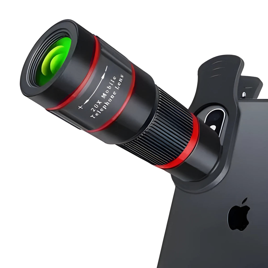 20x magnification mobile phone telescope with universal mounting clip and single eye mask on a white background