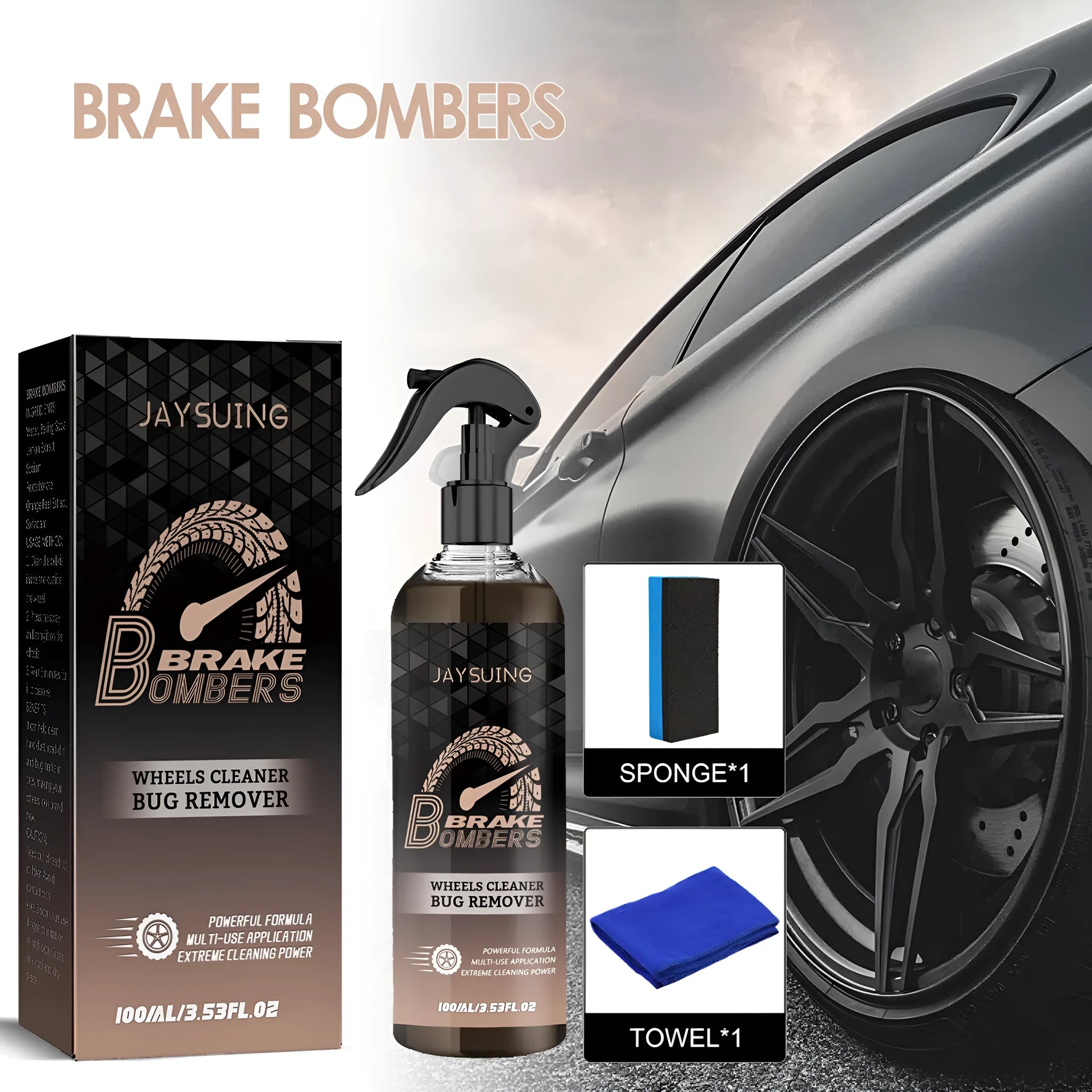 Car brake cleaner kit with 100ml bottle, applicator sponge, and cleaning cloth for brake disc maintenance