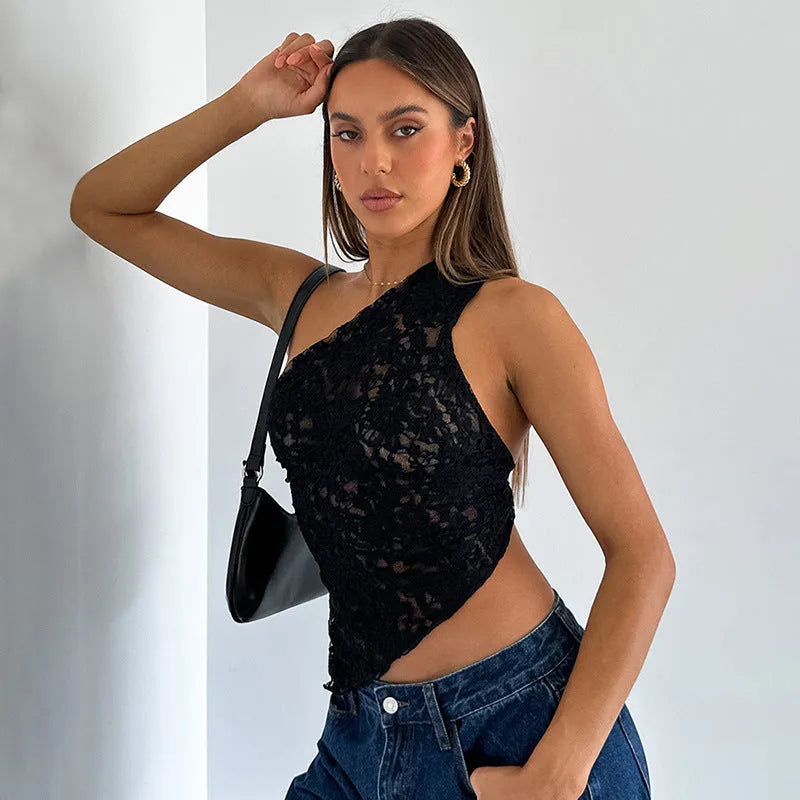 Women's lace backless vest top with asymmetrical neckline in solid colours