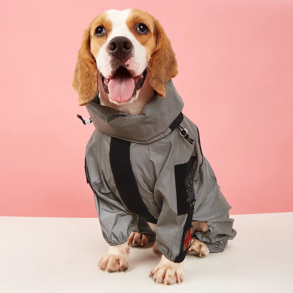 Silver reflective all-inclusive large dog raincoat with waterproof PU coated polyester fabric
