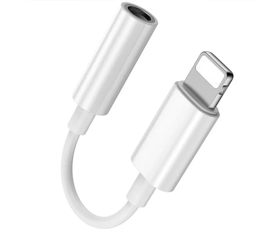 White Lightning to 3.5mm audio adapter for iPhone 7 and compatible models.