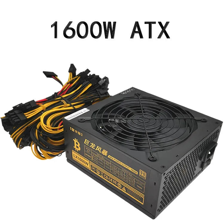 Black high-wattage server power supply unit with multiple PCIe and power connectors.