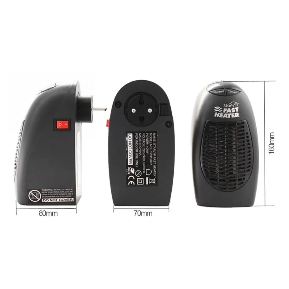 Black mini ceramic electric heater with digital display and rotating plug on a white background