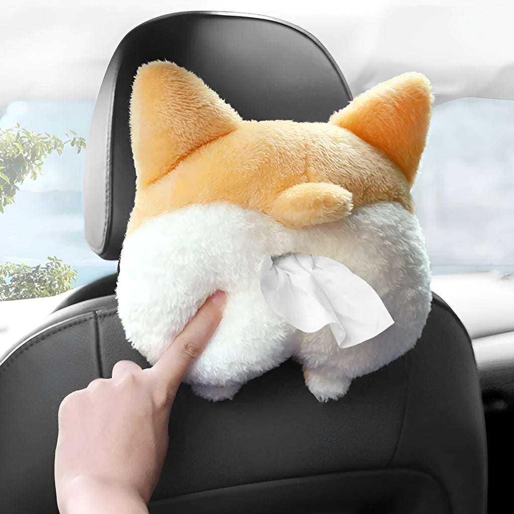 Yellow corgi butt shaped tissue box cover with elastic strap for car visor mounting