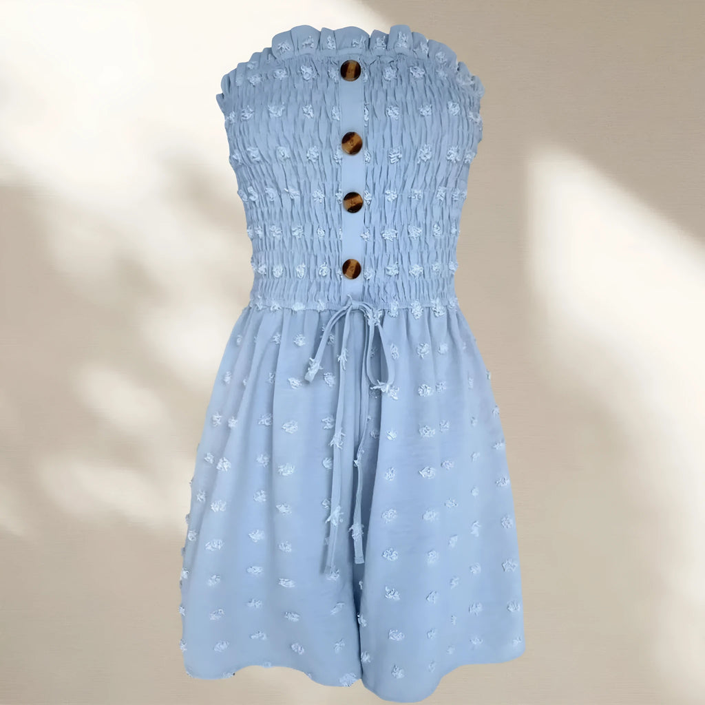 Women's solid colour off-shoulder jumpsuit with button front and sleeveless design